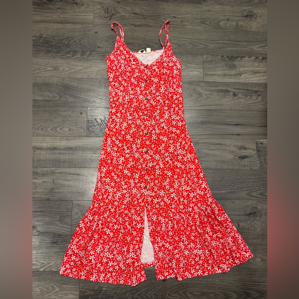 XL Roxy Seaside State Strappy Midi Red Floral Dress. Beach, Preppy, Cottage Core